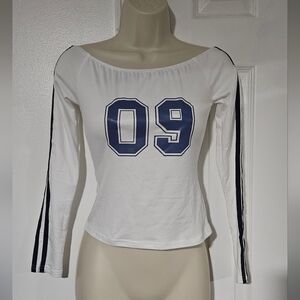 SHEIN White Long Sleeve Top with Navy Accents